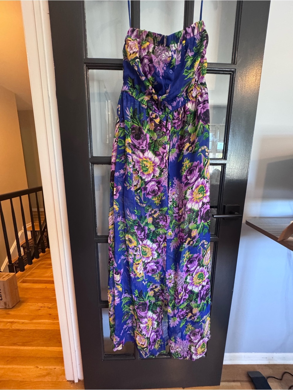 Sans Souci Blue Purple Floral Strapless Smocked Maxi Dress Vacation Size L